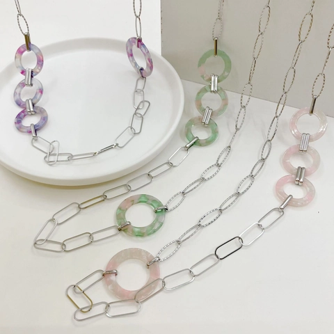 Collier en Acier Inoxydable et Acétate Coloré Pendentif Géométrique Texture Marbre Longue Chaîne de Pull Bijoux Femme