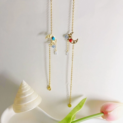 Bracelet en Acier Inoxydable avec Pendentif Lune Creuse pour Femme Plaqué Or Turquoise Strass Pompon Bijoux Ajustables Cadeau