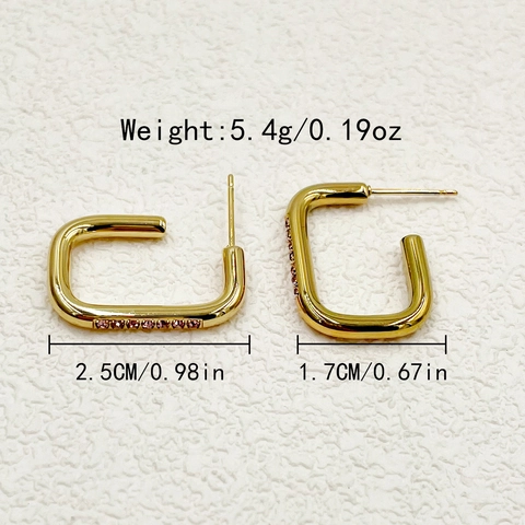 Boucles d'Oreilles Créoles Rectangulaires en Acier Inoxydable Plaquées Or Style Français avec Micro Incrustation Zircone