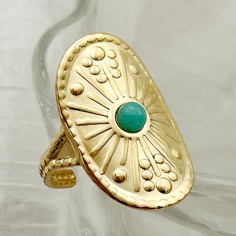 Bague Bouclier Vintage Bohémienne en Acier Inoxydable Plaqué Or Ovale Incrustée Bague Ouverte Ajustable Bijoux Mode Femme