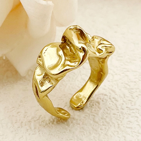 Bague Ouverte en Acier Inoxydable Plaque Or pour Femme Texture Martele Motif Lave Reglable Bijoux de Mode Cadeau