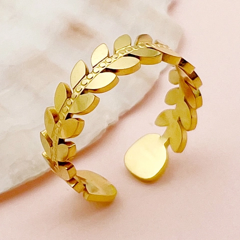 Bague Ajustable en Acier Inoxydable Plaque Or Style Francais pour Femme Oeil de Protection Künstliche Perle Feuille Bijoux de Mode