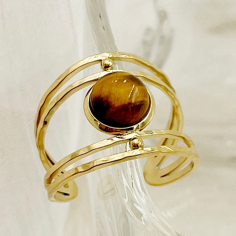 Bague Ouverte Tournesol en Acier Inoxydable Bohème pour Femme Vintage Martelée Multicouche Ajustable avec Pierre Incrustée Bijoux de Mode