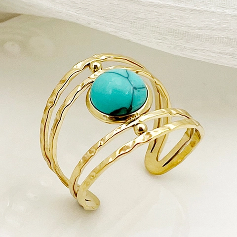 Bague Ouverte Tournesol en Acier Inoxydable Bohème pour Femme Vintage Martelée Multicouche Ajustable avec Pierre Incrustée Bijoux de Mode