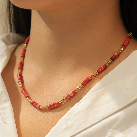 Collier en Perles de Pierre Naturelle pour Femme Vintage Texture de Marbre Cylindrique Choker Plaqué Or Bijoux