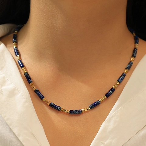 Collier en Perles de Pierre Naturelle pour Femme Vintage Texture de Marbre Cylindrique Choker Plaqué Or Bijoux