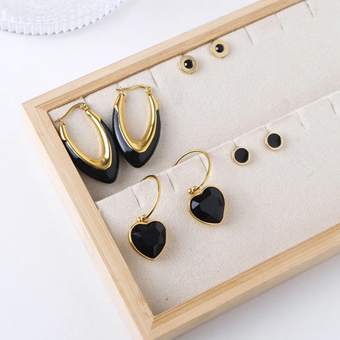 French Vintage Stainless Steel Zircon Heart Earrings Set For Women Luxury Gold Plated Black Blue Enamel Geometric Stud Earrings Jewelry