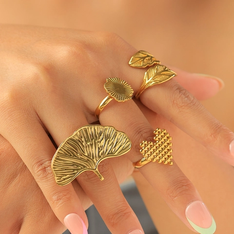 Bagues Ouvertes Réglables En Acier Inoxydable Plaqué Or Rétro Pour Femmes Feuille Coeur Tournesol Plume Bijoux Vintage
