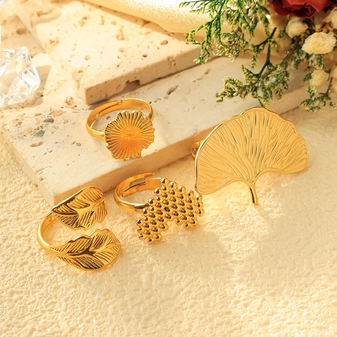 Bagues Ouvertes Réglables En Acier Inoxydable Plaqué Or Rétro Pour Femmes Feuille Coeur Tournesol Plume Bijoux Vintage