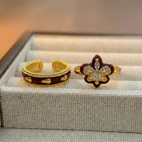 Vintage French Enamel Ring Wine Red Gold Plated Copper Open Adjustable Zircon Fleur-de-lis Heart Ring For Women Elegant Jewelry