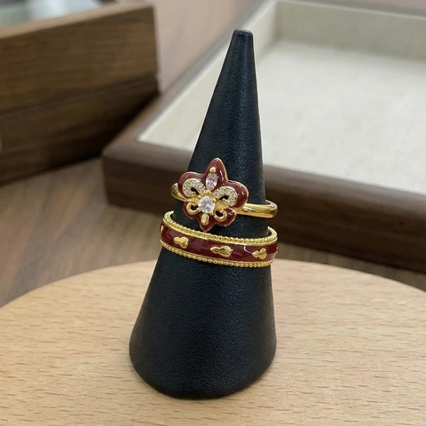 Vintage French Enamel Ring Wine Red Gold Plated Copper Open Adjustable Zircon Fleur-de-lis Heart Ring For Women Elegant Jewelry