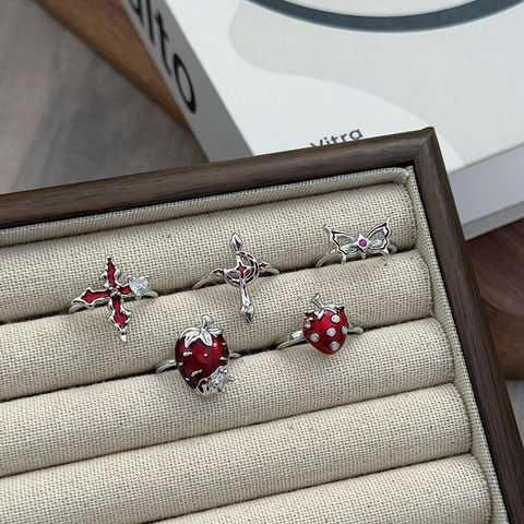 Gothic Y2K Emaille Erdbeere Kreuz Schmetterling Offener Ring Damen Kupfer Zirkonia Mond Stern Verstellbarer Ring Schmuck