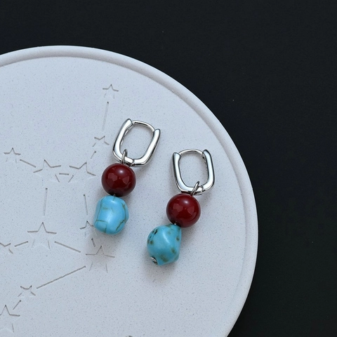 Ethnic Tibetan Style Red Agate Faux Turquoise Dangle Earrings For Women Bohemian Vintage Copper Huggie Hoops Jewelry