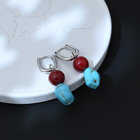 Ethnic Tibetan Style Red Agate Faux Turquoise Dangle Earrings For Women Bohemian Vintage Copper Huggie Hoops Jewelry