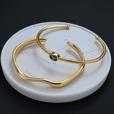 Women Gold Plated Copper Green Zirconia Open Bangle Vintage Rhombus Wave Adjustable Cuff Bracelet Luxury Jewelry Accessories