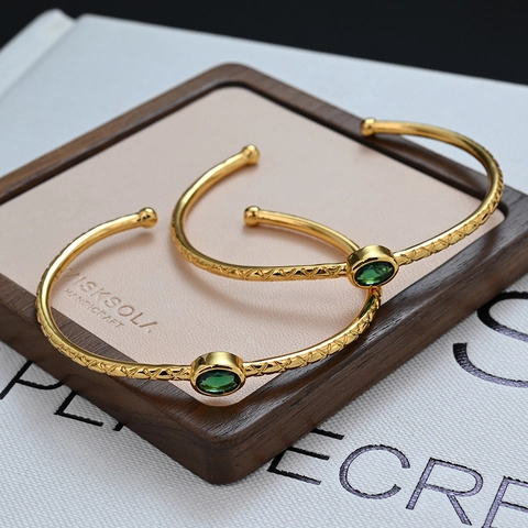 Women Gold Plated Copper Green Zirconia Open Bangle Vintage Rhombus Wave Adjustable Cuff Bracelet Luxury Jewelry Accessories