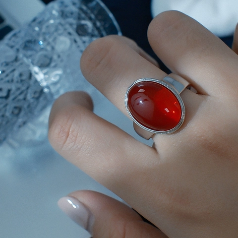 Vintage Palace Style Synthetic Red Agate Oval Open Ring Silver Plated Copper Adjustable Fashion Luxury Ring For Women