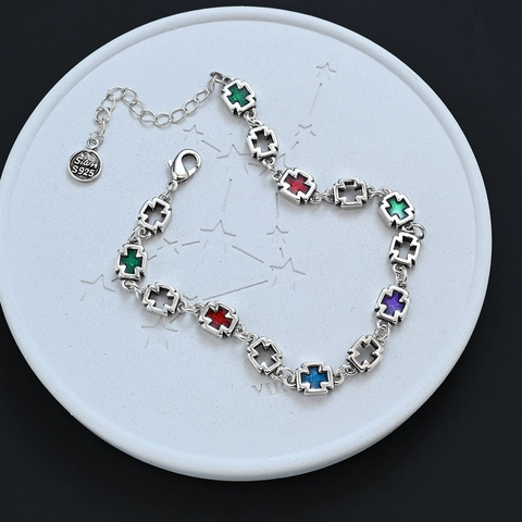 Vintage 925 Sterlingsilber Bunte Emaille Kreuz Link Armband Für Damen Verstellbare Kette Hip Hop Schmuck Zubehör