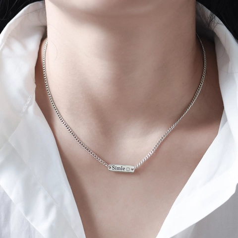 Korean Fashion Smile Face Rectangle Bar Pendant Necklace For Women Copper Thai Silver Plated Long Chain Trendy Jewelry
