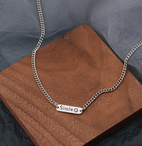 Korean Fashion Smile Face Rectangle Bar Pendant Necklace For Women Copper Thai Silver Plated Long Chain Trendy Jewelry