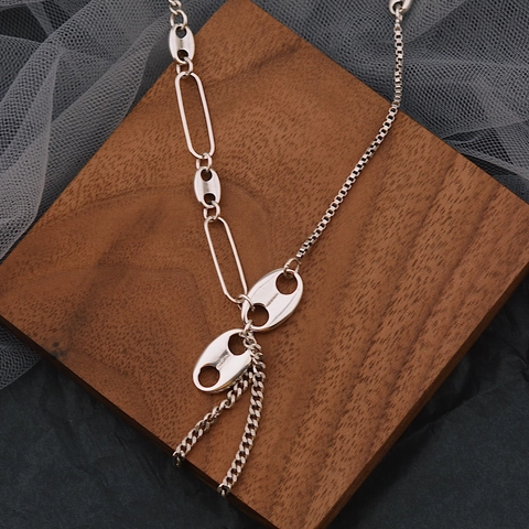 Vintage Asymmetric Copper Necklace For Women Thai Silver Style Coffee Bean Pig Nose Design Tassel Pendant Sweater Chain Jewelry