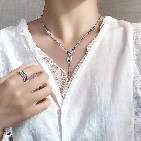 Vintage Asymmetric Copper Necklace For Women Thai Silver Style Coffee Bean Pig Nose Design Tassel Pendant Sweater Chain Jewelry