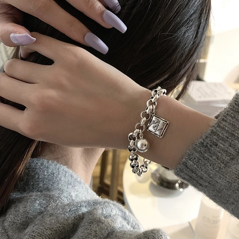 Vintage Thai-Silber-Stil Kupfer Armband Für Damen Made With Love Quadratischer Anhänger Runde Perle Retro Kette Schmuck Geschenk
