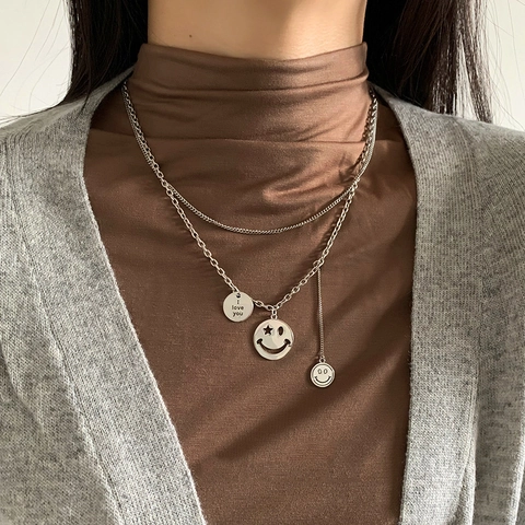 Retro Copper Thai Silver Plated Double Layered Necklace With Smile Face Pendant I Love You Round Plate Hip Hop Jewelry