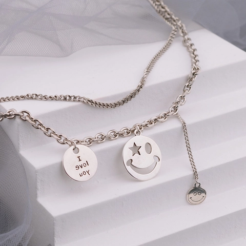 Retro Copper Thai Silver Plated Double Layered Necklace With Smile Face Pendant I Love You Round Plate Hip Hop Jewelry