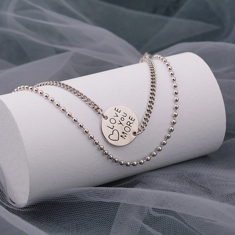 Vintage Copper Thai Silver Style Double Layer Necklace With Round Love You More Heart Pendant Fashion Jewelry For Women