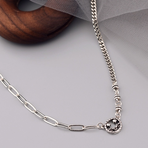 Vintage Copper Plated Thai Silver Smiley Face Pendant Necklace For Women Asymmetric Chain Hip Hop Hollow Clavicle Chain Jewelry
