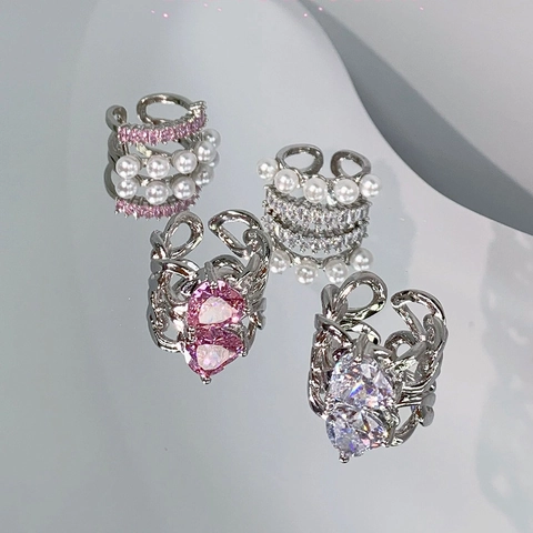 Anillo de Corazón de Zirconia Rosa de Cobre Sweet Cool Diseño de Nicho Clip de Oreja de Perla Artificial Doble Capa Joyería de Moda para Mujeres