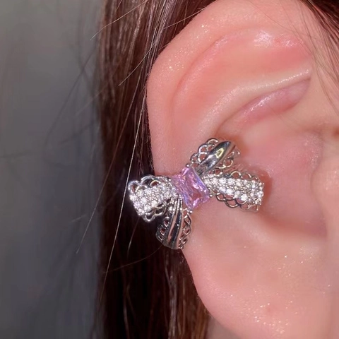 Elegant Pink Zircon Bow Ear Cuff Clip On Earrings For Women No Pierced Niche Design Copper Gold Plated Fairy Style Accessory