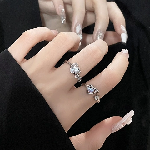 Minimalist Copper Heart Star Planet Open Ring For Women Trendy Silver Color Zirconia Faux Moonstone Adjustable Finger Jewelry Gift Accessory
