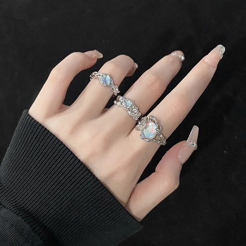 Minimalist Copper Open Ring For Women Synthetic Moonstone Irregular Liquid Metal Lava Texture Adjustable Finger Jewelry