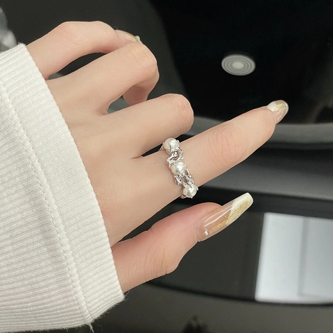 Copper Liquid Metal Open Ring For Women Vintage Faux Artificial Pearl Moonstone Irregular Lava Style French Fashion Finger Jewelry
