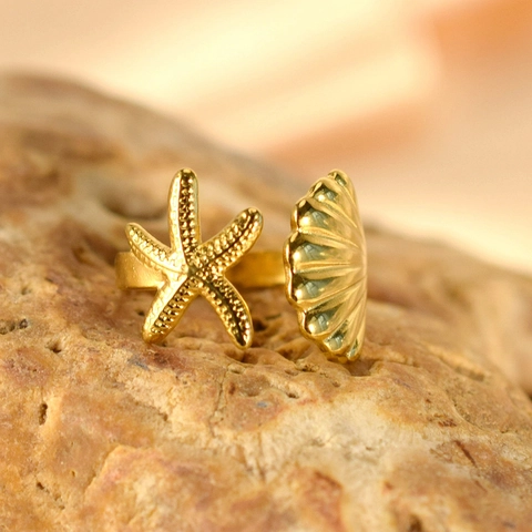 Anello Aperto Vintage in Acciaio Inossidabile con Stella Marina e Conchiglia Donna Placcato Oro Gioielli Oceanici Regolabile