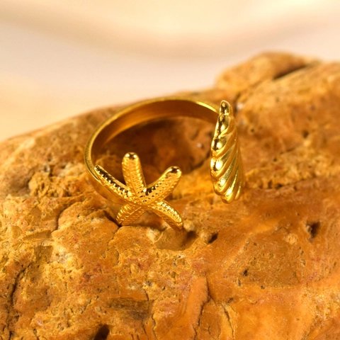 Anello Aperto Vintage in Acciaio Inossidabile con Stella Marina e Conchiglia Donna Placcato Oro Gioielli Oceanici Regolabile