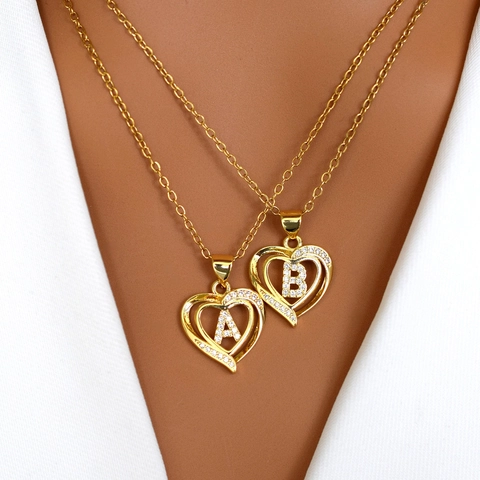 Luxus Kupfer Zirkonia Herz Anfangsbuchstabe Anhänger Halskette Vergoldet Doppelherz Schmuck Mode Accessoire Für Damen Geschenk