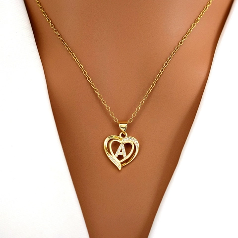 Luxus Kupfer Zirkonia Herz Anfangsbuchstabe Anhänger Halskette Vergoldet Doppelherz Schmuck Mode Accessoire Für Damen Geschenk