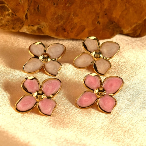 Vintage Stainless Steel Enamel Flower Stud Earrings Gold Plated Four Petal Floral Earrings For Women Elegant Jewelry Gift
