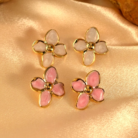 Vintage Stainless Steel Enamel Flower Stud Earrings Gold Plated Four Petal Floral Earrings For Women Elegant Jewelry Gift