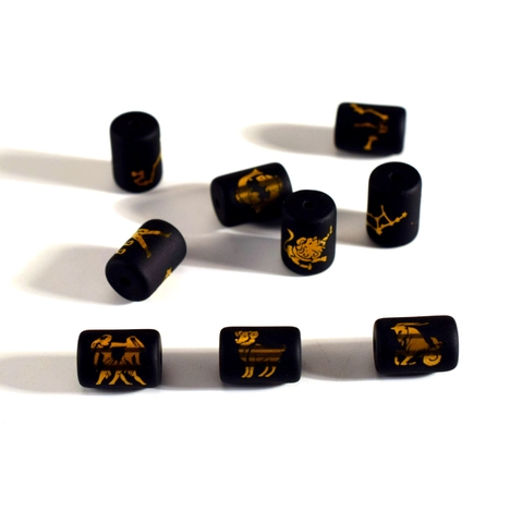Frosted Black Glass Cylinder Zodiac Beads For Jewelry Making Gold Printed Constellation Loose Beads DIY Craft Supplies