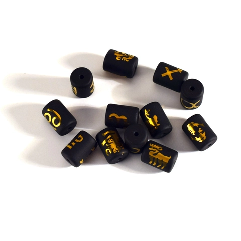 Mattschwarze Glasperlen Zylindrisch Mit Doppelseitigem Goldlack Sternzeichen Muster DIY Schmuckherstellung Handwerk Lose Perlen