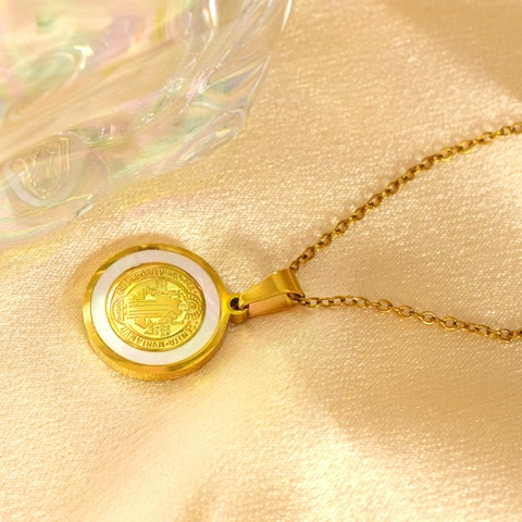 Vintage Edelstahl Gold St. Benedikt Medaille Anhänger Halskette Mit Perlmutt Inlay Religiöser Schmuck Für Unisex