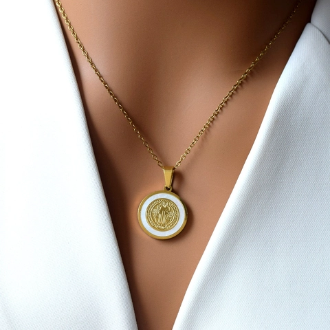Vintage Edelstahl Gold St. Benedikt Medaille Anhänger Halskette Mit Perlmutt Inlay Religiöser Schmuck Für Unisex