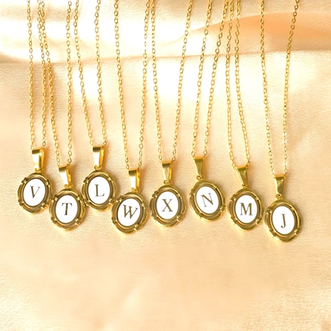 Vintage Edelstahl Buchstaben Halskette Damen Weiß Emaille Oval Alphabet Initial Gold Vergoldet Anhänger Halskette Schmuck