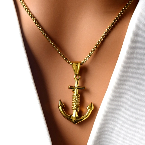 Hip Hop Stainless Steel Anchor Cross Pendant Necklace With Rope Wrap Gold Plated Nautical Jewelry For Men Women Gift