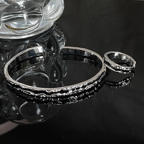 Irregular Magma Texture Alloy Open Bangle And Ring Set For Women Personalized Dark Style Drip Oil Metallic Jewelry