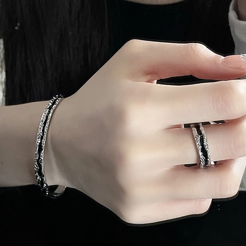 Irregular Magma Texture Alloy Open Bangle And Ring Set For Women Personalized Dark Style Drip Oil Metallic Jewelry